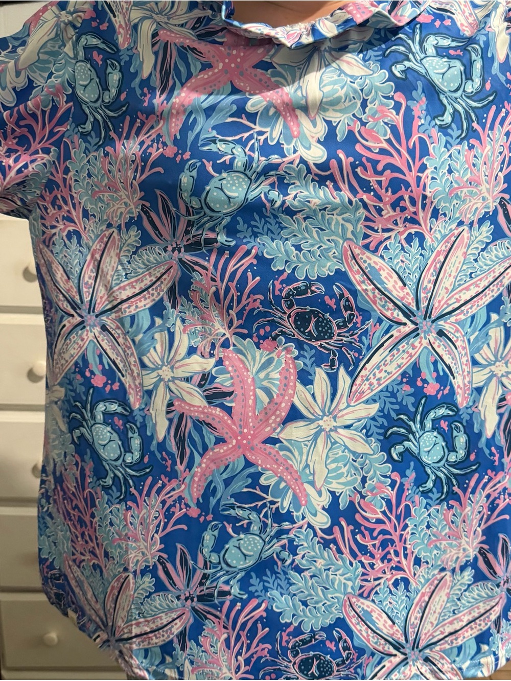 Simply Southern Blue Tropical Starfish Print Top with Pink Accents